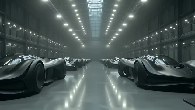 A cinematic scene of sleek, futuristic land vehicles lined up in a vast, dimly lit industrial hangar, captured from a straight, eye-level perspective.
