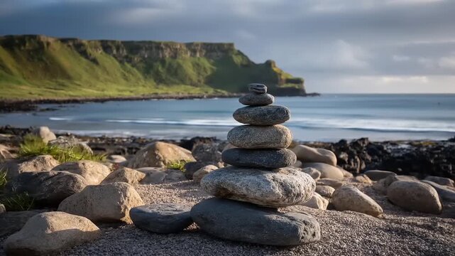 Stacked stones on shoreline with cliffs and calm sea landscape