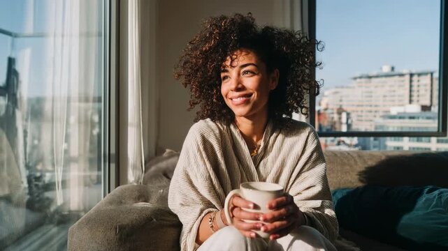 Woman in robe holds cup of coffee by large window overlooking city skyline reflecting on quiet morning and modern urban lifestyle