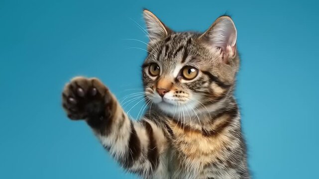 Tabby cat reaching up with a paw against a blue backdrop