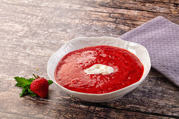 Cold sweet strawberry gazpacho soup