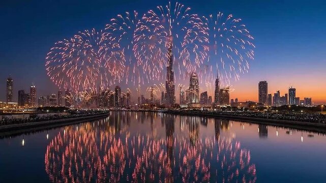 The spectacular grand finale of a massive fireworks display over a modern city skyline. A high-energy climax perfect for New Year's Eve 2026 celebrations, festival endings, and urban event backgrounds