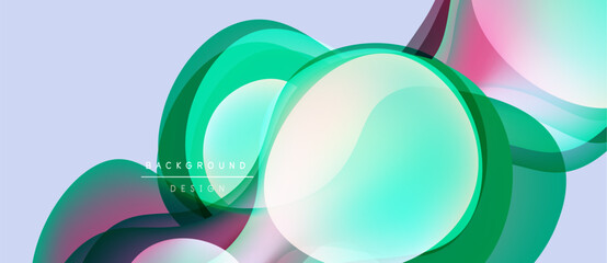 Abstract fluid shapes overlap, creating vibrant color gradients. Soft lighting enhances dynamic composition. Modern design element.