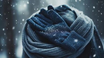 Winter Warmth - Gloves and Scarf in Falling Snow.