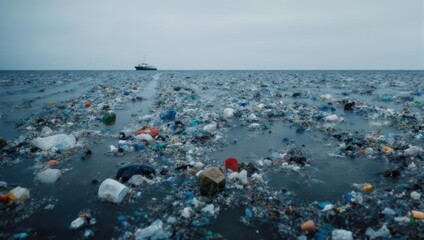 Plastic waste floats on the ocean surface, with a distant ship