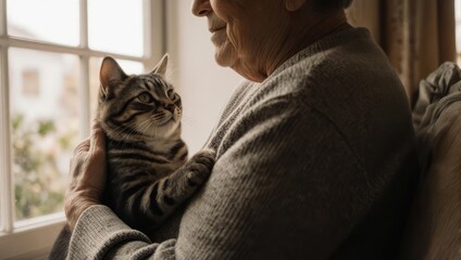 Elderly woman cradles tabby kitten near window