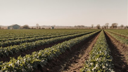 A vast field of crops, rows stretching into the distance.  Pale sky above.  Rural scene