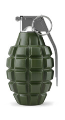 Obraz premium Green military-style hand grenade isolated on white background, explosive weapon symbolizing danger, conflict, warfare, security threats, violence awareness, military equipment, and combat risk