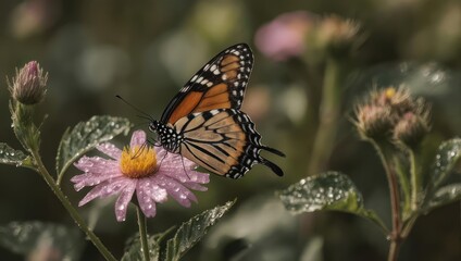 Monarch butterfly on a dewy pink flower