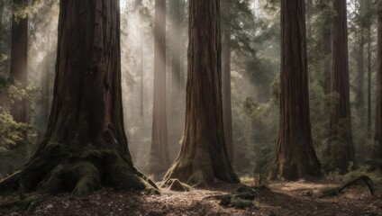 Sunlight filtering through a redwood forest.  Massive, ancient trees with thick trunks and mossy roots dominate the scene.  Soft light creates a mystical atmosphere