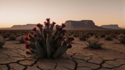 A desert plant with vibrant purple flowers, centered in cracked earth, against a hazy mountain backdrop at sunrise