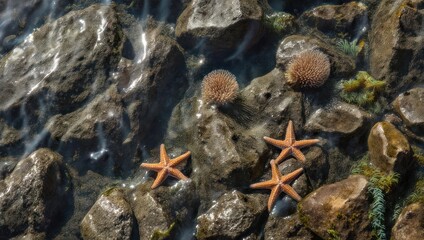 Shallow water scene, rocks, starfish, marine life