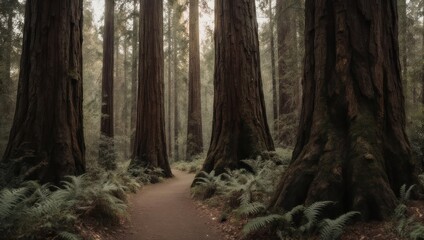 A path winds through a redwood forest, sunlight filtering through the canopy