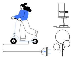 Sustainable transport, urban mobility, green technology, workspaces, eco lifestyle, minimal design. A woman riding an electric scooter, a plug chair and tree-thumbs up symbol. Sustainable transport