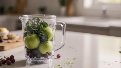 Clear blender pitcher filled with green apples, red grapes, and kale.  Kitchen scene