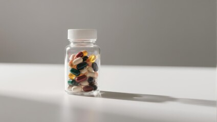 A clear plastic bottle filled with various colored pills sits on a white surface, lit by soft light