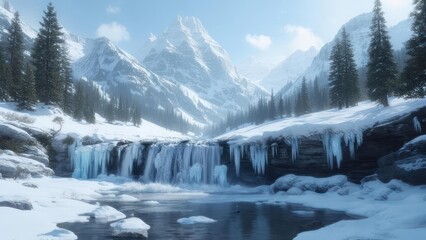 Winter Wonderland - Majestic Snowy Mountains and Frozen Waterfall Landscape.