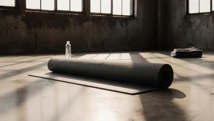 Rolled yoga mat in a sunlit industrial space