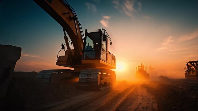 Cinematic low-angle shot of heavy construction machinery working at a dusty site during a vibrant sunset, highlighting industrial scale.