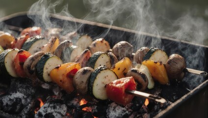 Vegetable skewers grilling over charcoal