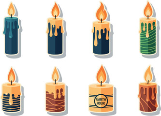 Set of colorful burning candles with wax drips for Earth Hour concept