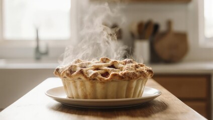 A freshly baked pie, steaming hot, sits on a plate on a wooden counter.  Blurred kitchen background