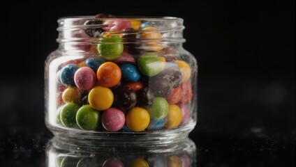 Colorful candies in a glass jar against a dark background