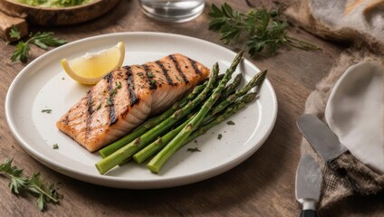 Grilled salmon fillet with asparagus and lemon on a white plate, set on a wooden table