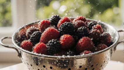 Freshly washed berries in a metal colander. Water droplets cascade over mixed red and black fruits