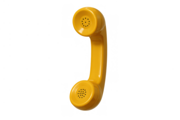 Yellow retro telephone receiver, vintage communication device, holding handset from cord phone, old technology contacting