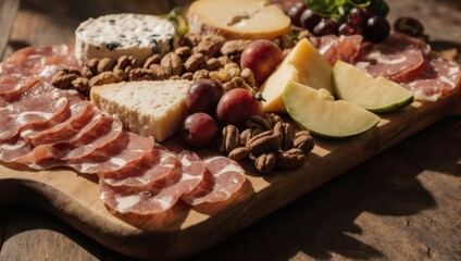 Wooden board overflowing with sliced meats, cheeses, fruits, and nuts
