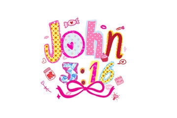 John 3:16 Bible Verse Colorful Typography with Hearts for Sublimation Design