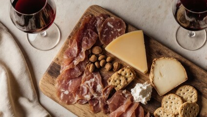 Wooden board with cured meats, cheeses, nuts, crackers, and wine glasses