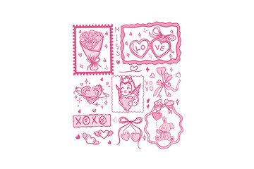 Valentine Postage Stamp Set with Cupid and Hearts illustration Sublimation Design