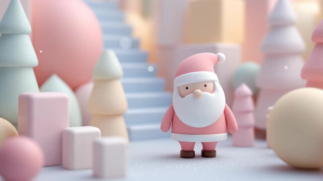 A cartoonish figure of Santa Claus stands in front of a cityscape. Pastel christmas scene with simplified santa figure, gentle shimmer, modern clean aesthetic, pastel christmas santa background