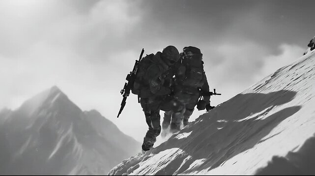 Two Soldiers Climbing Snowy Mountain Summit Helping Each Other Teamwork
