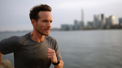 Fototapeta premium A fit man sprints along the water's edge, showcasing his athleticism. The city skyline glimmers in the background as the sun sets, casting a warm glow on the scene