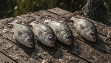 Four fresh fish on weathered wooden planks by a fishing net