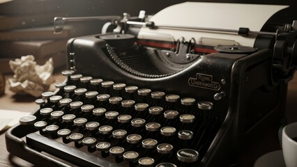 Fototapeta premium Vintage Royal Underwood Typewriter with Dusty Keys and Crumpled Paper on a Warm Wooden Desk