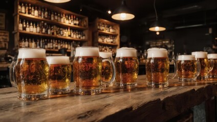 Row of frosty beer mugs on a rustic bar top,  illuminated by warm lights, in a dimly lit pub