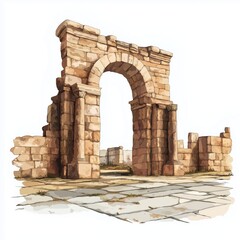 Roman ruins of Timgad. Roman ruins of Timgad hand drawn watercolor illustration on white background
