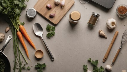 Kitchen counter, vegetables, spices, and utensils