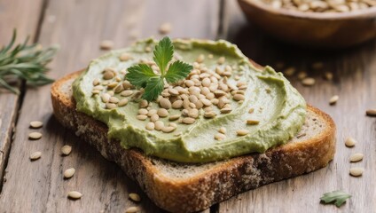 Green hummus spread on toasted bread with sunflower seeds and parsley
