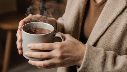 Close-up of hands holding a steaming mug of hot drink