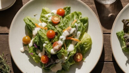 Fresh salad on a plate, with dressing, cherry tomatoes, and shredded carrots