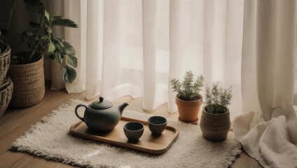 A tranquil tea ceremony scene, featuring a dark gray teapot and cups on a light wooden tray, surrounded by plants and sheer curtains, in a cozy room
