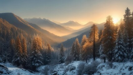 Winters Embrace - A Serene Mountain Valley at Sunrise.