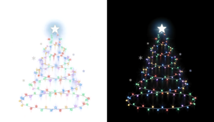 Glowing Christmas tree made from colorful string lights with red blue green and white bulbs isolated on transparent background. Isolated on transparent PNG overlay
