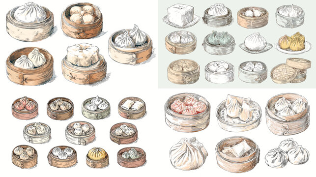 Hand drawn dim sum assortment with steamed buns, dumplings, and bamboo baskets illustrated in a soft textured food sketch style.