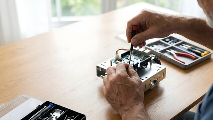 Technician Assembling Electronic Circuit Board at Workspace.